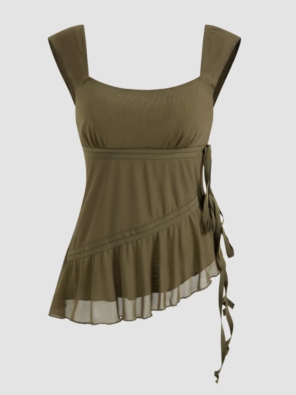 Cider Mesh U-Neckline Asymmetrical Ruffle Top
